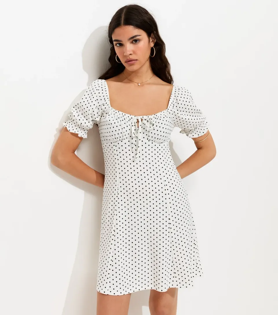 Women's Cream Polka Dot Crinkle Texture Milkmaid Mini Dress