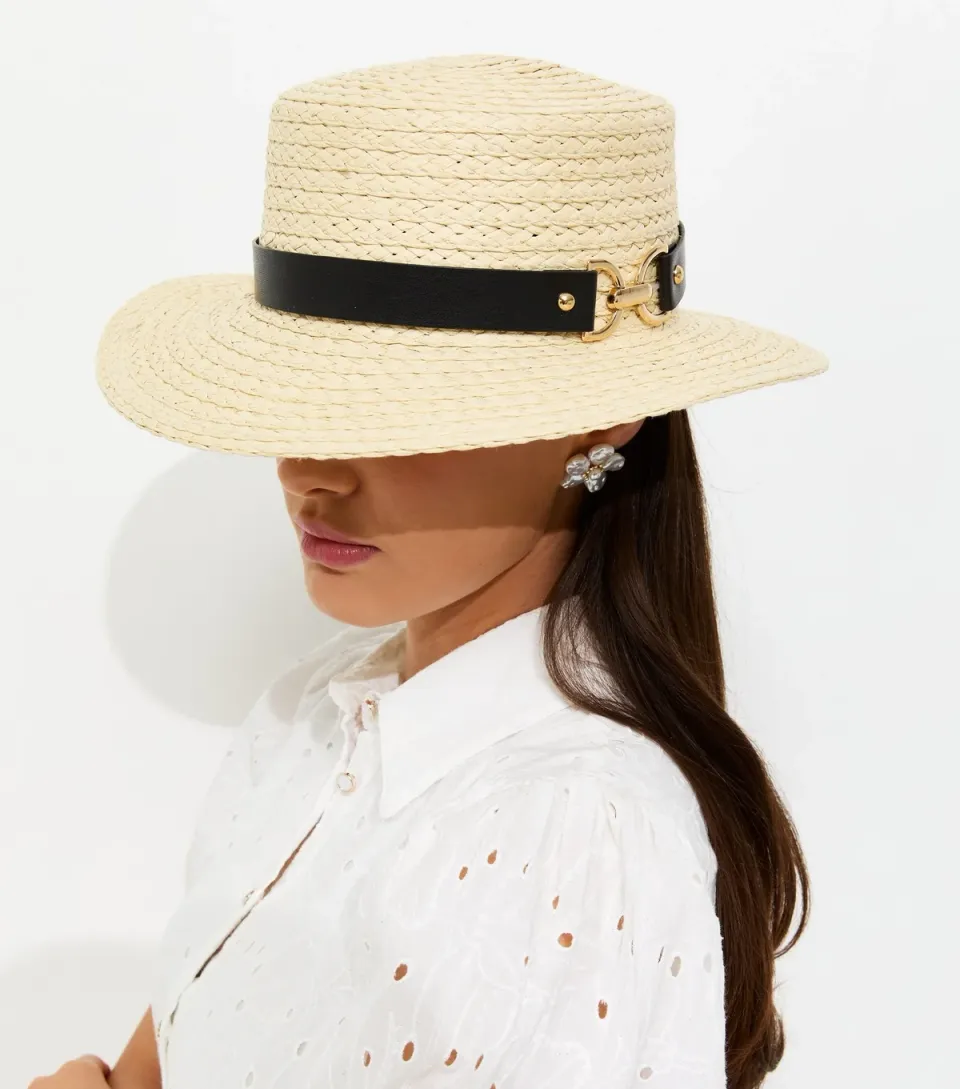 Stone Straw Boater Hat with Buckle Detail