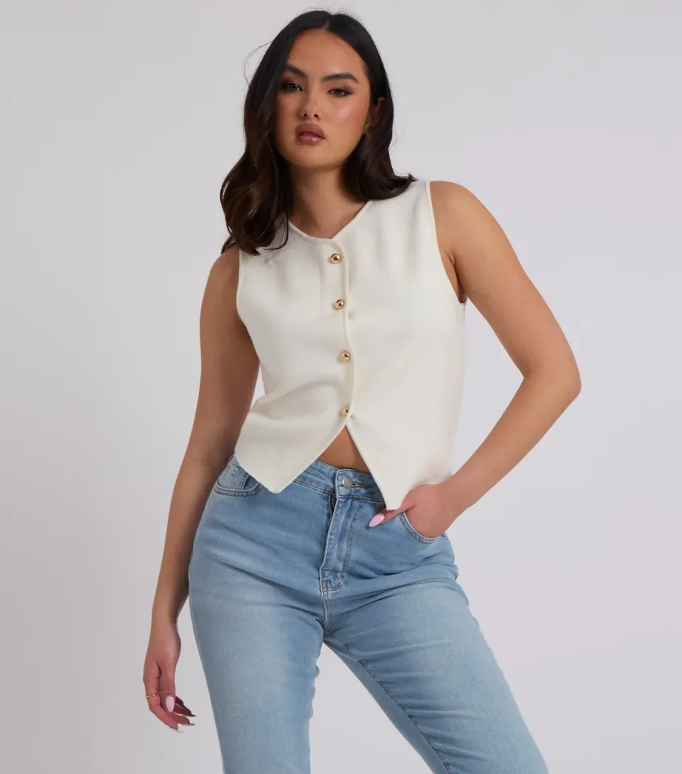 Women's White Button Through Vest
