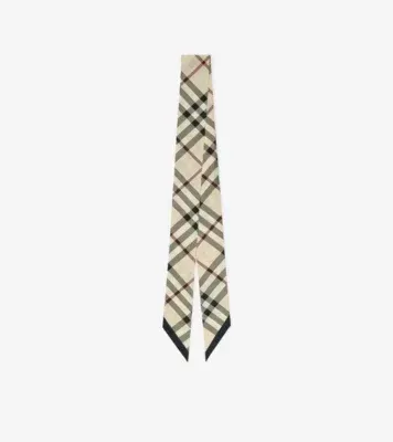 Skinny Check Silk Scarf in Stone beige