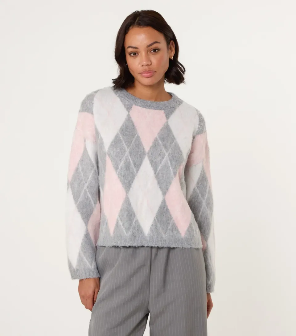 Women's Pink Argyle Knit Jumper