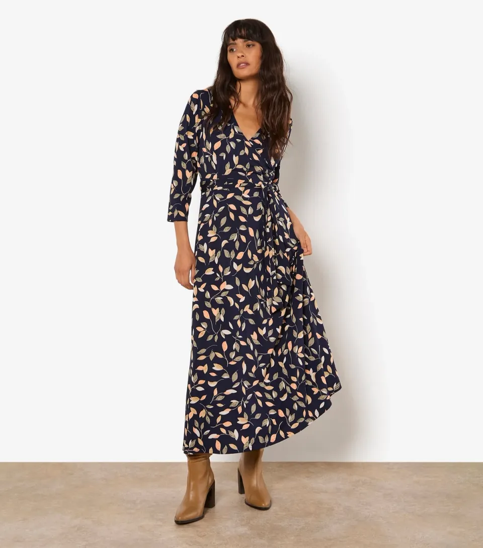 Women's Navy Leaf Print Maxi Dress