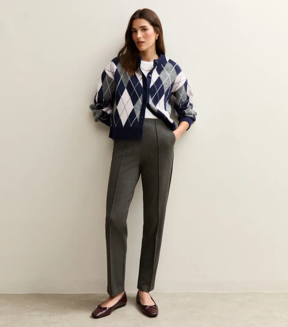 Women's Grey Twill High Waist Straight Leg Trousers