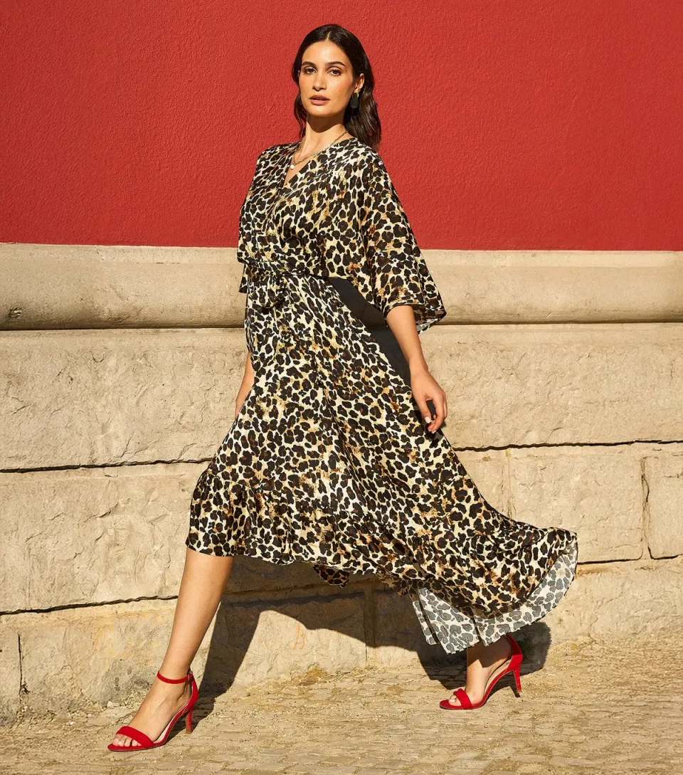 Women's Brown Leopard Print High-Low Tiered Hem Midi Dress