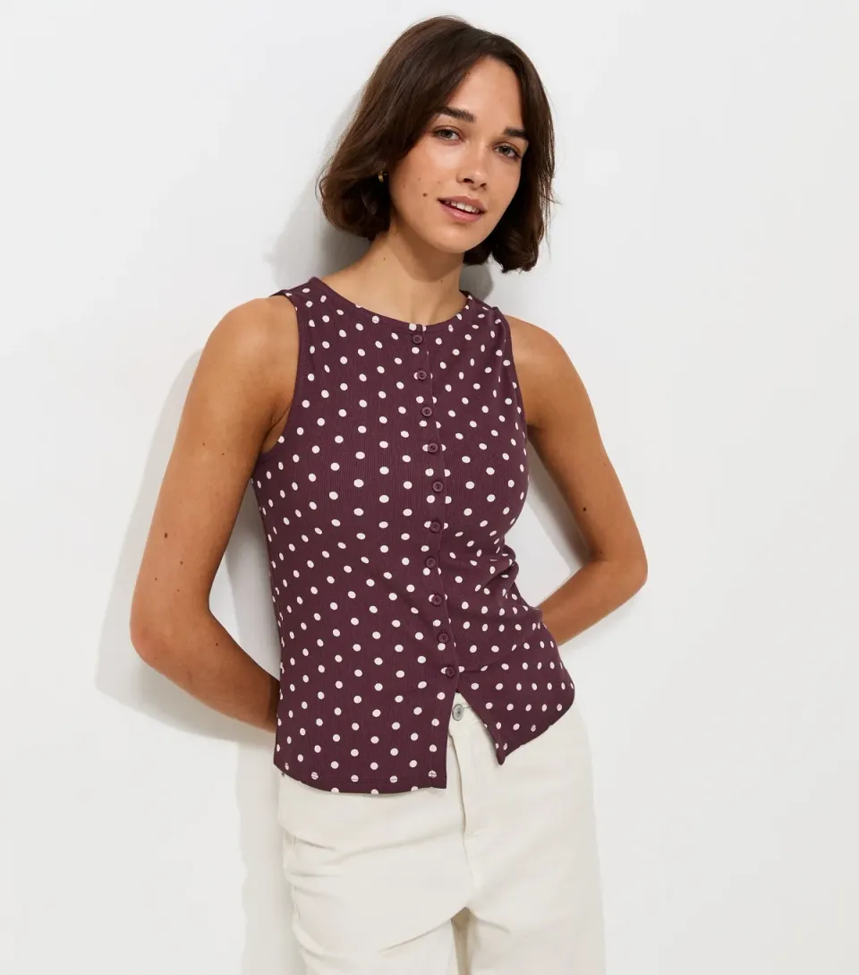 Women's Purple Polka Dot Button Through Sleeveless Top