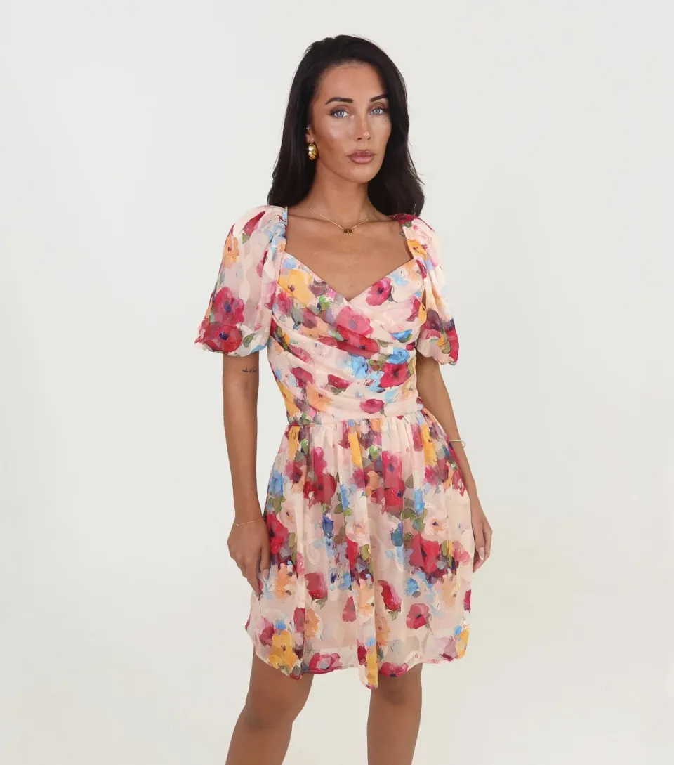 Women's Pink Chiffon Floral Wrap Mini Dress