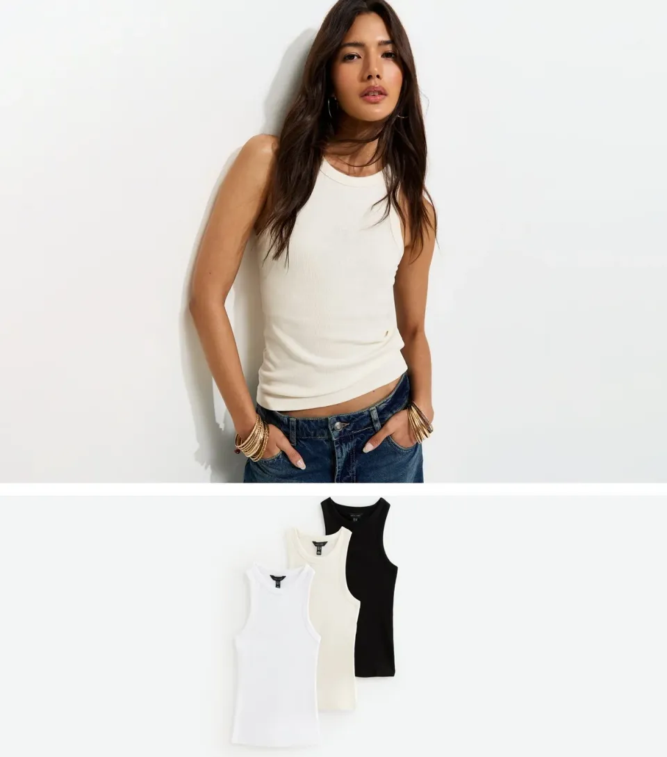 Women's Cream Pack of 3 Racer Back Ribbed Jersey Vest Tops