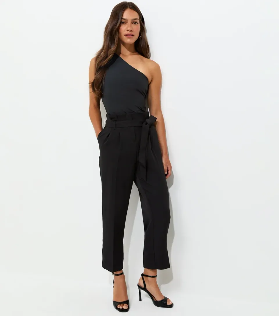 Women's Petite Black Woven Paperbag Waist Trousers