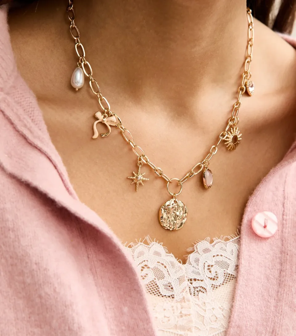 Gold Tone Assorted Charm Chain Necklace
