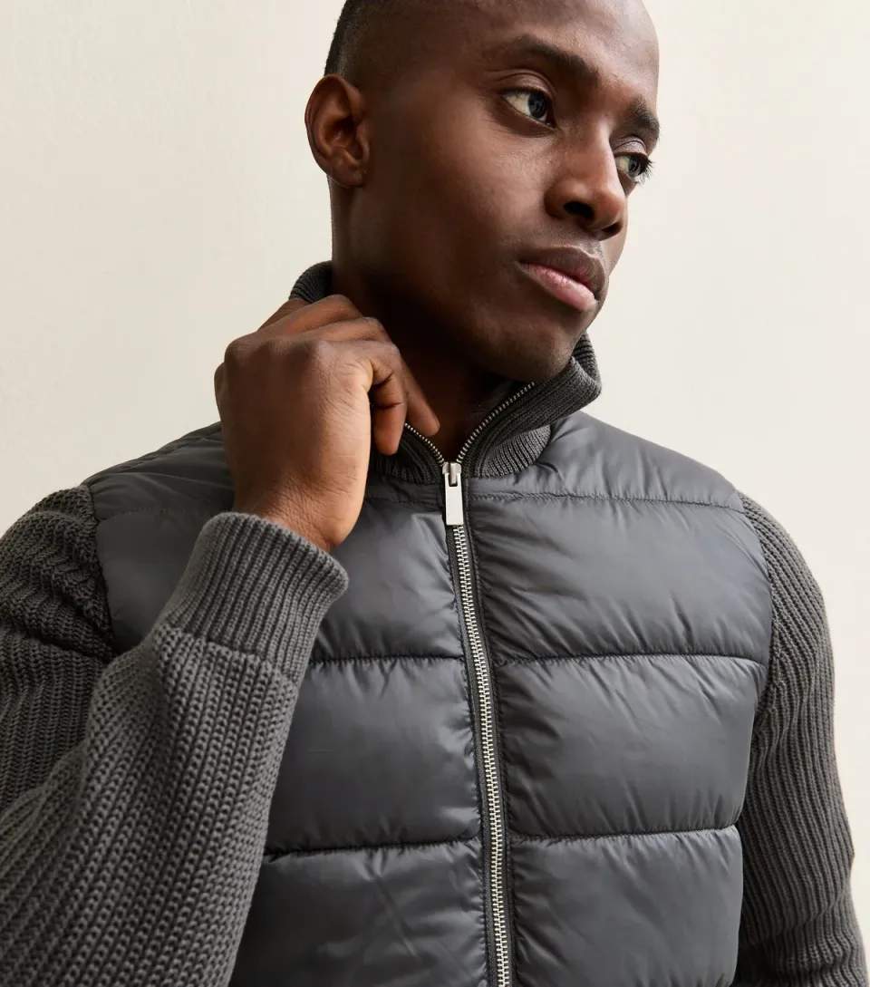 Men's Dark Grey Regular Knit Sleeve Puffer Jacket