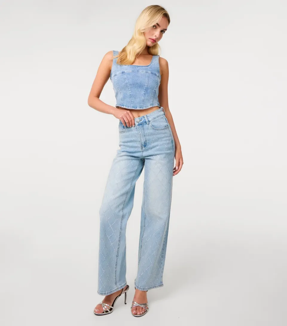 Women's Light Blue Diamanté Embellished Wide Leg Jeans