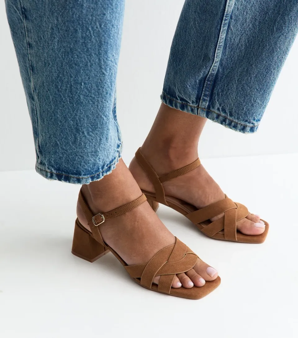 Women's Tan Faux Suede Woven Strap Sandals Vegan