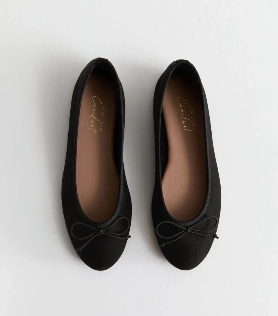 Women's Black Suede-Look Bow-Trim Flat Ballerina Shoes