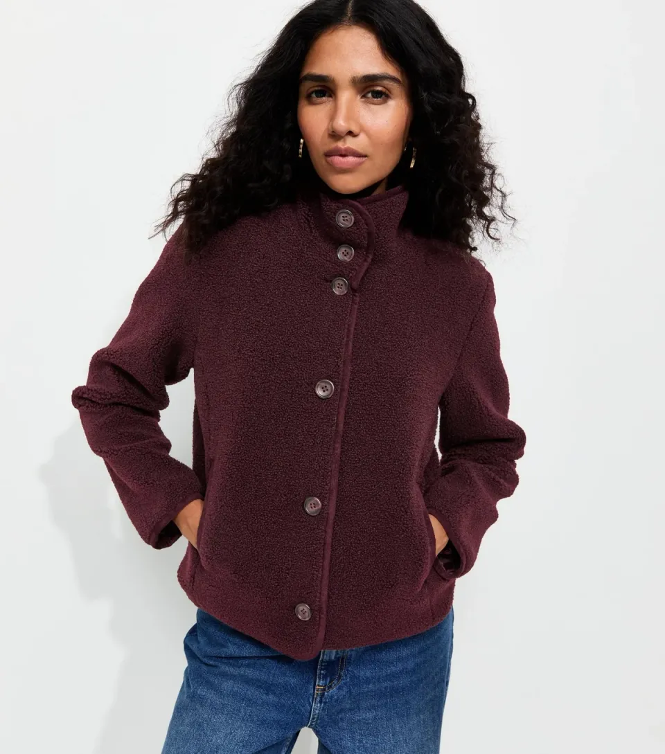Women's Burgundy Funnel Neck Borg Textured Buttoned Jacket