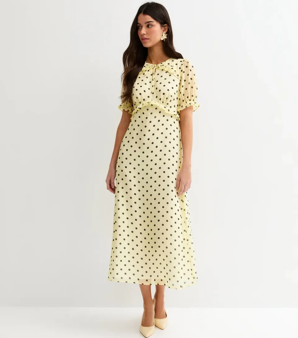Women's Yellow Chiffon Polka Dot Short Sleeve Midi Dress