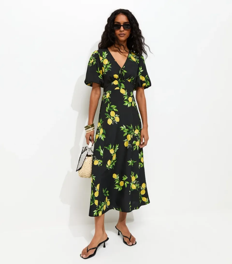 Women's Black Lemon Print Puff SLeeve Midi Dress