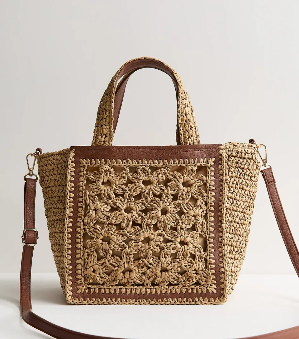 Brown Whipstitched Floral Tote