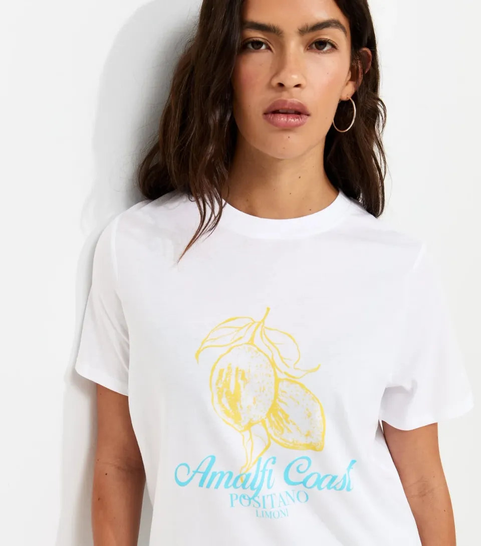 Women's White Amalfi Coast Lemon Print Crew Neck T-Shirt