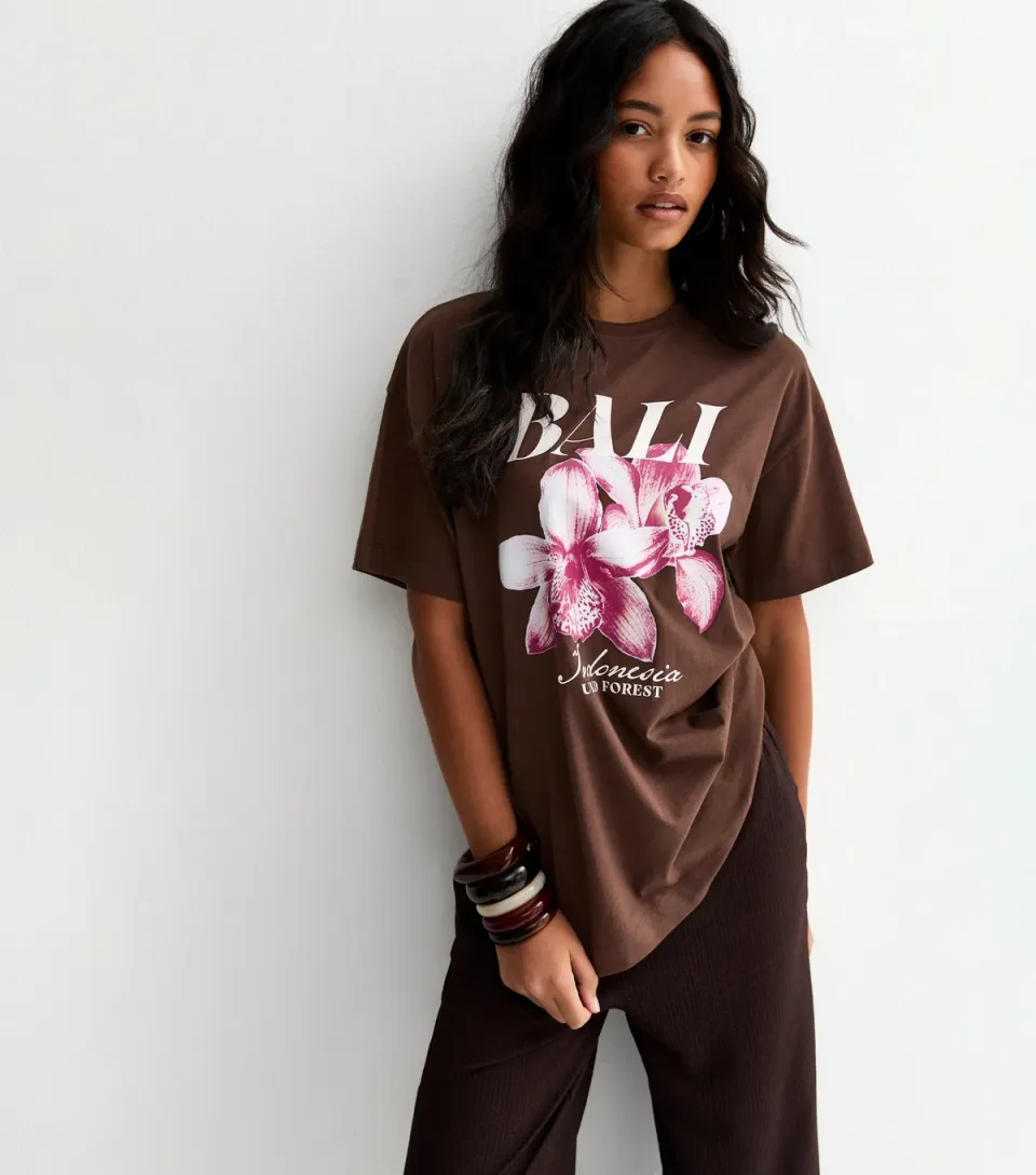 Women's Dark Brown Cotton Bali Print Oversized T-Shirt