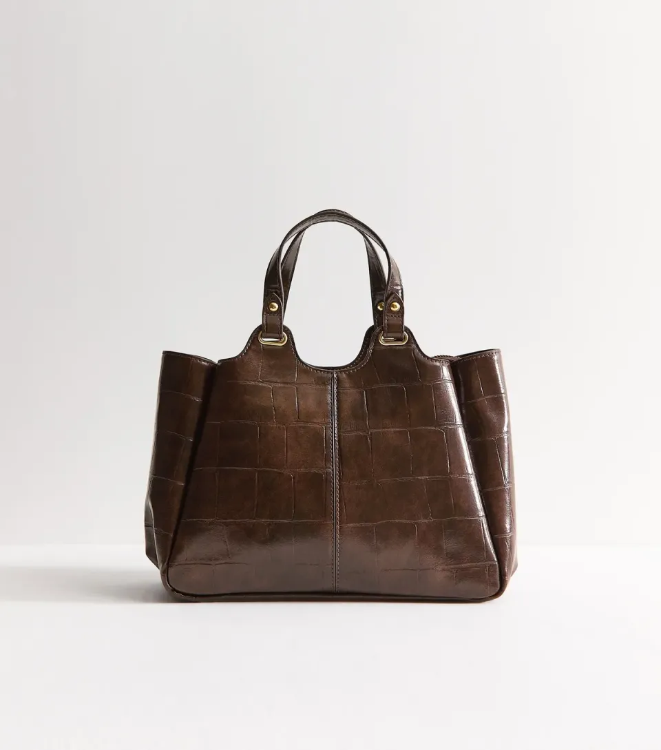 Dark Brown Faux Leather Crocodile Embossed Mini Shopper Tote