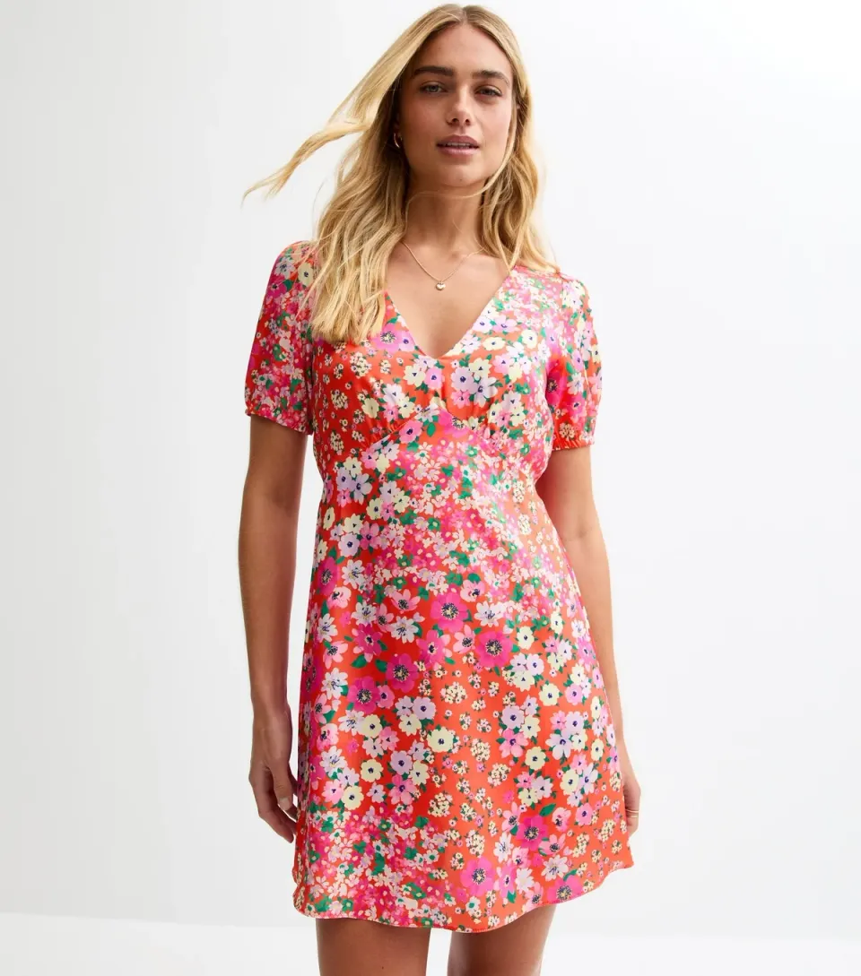 Women's Pink Floral Print Satin Mini Dress