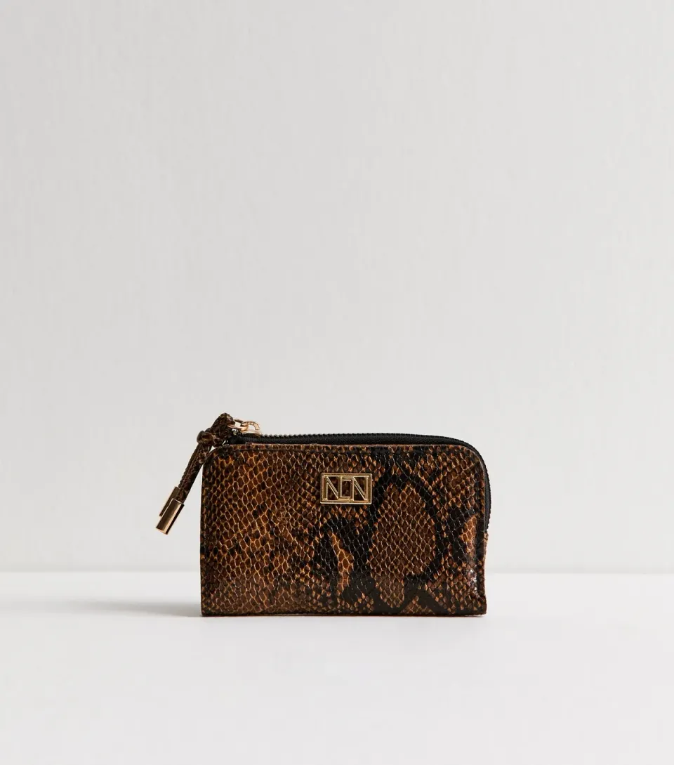 Brown Snake Pattern Logo Plaque Cardholder Purse