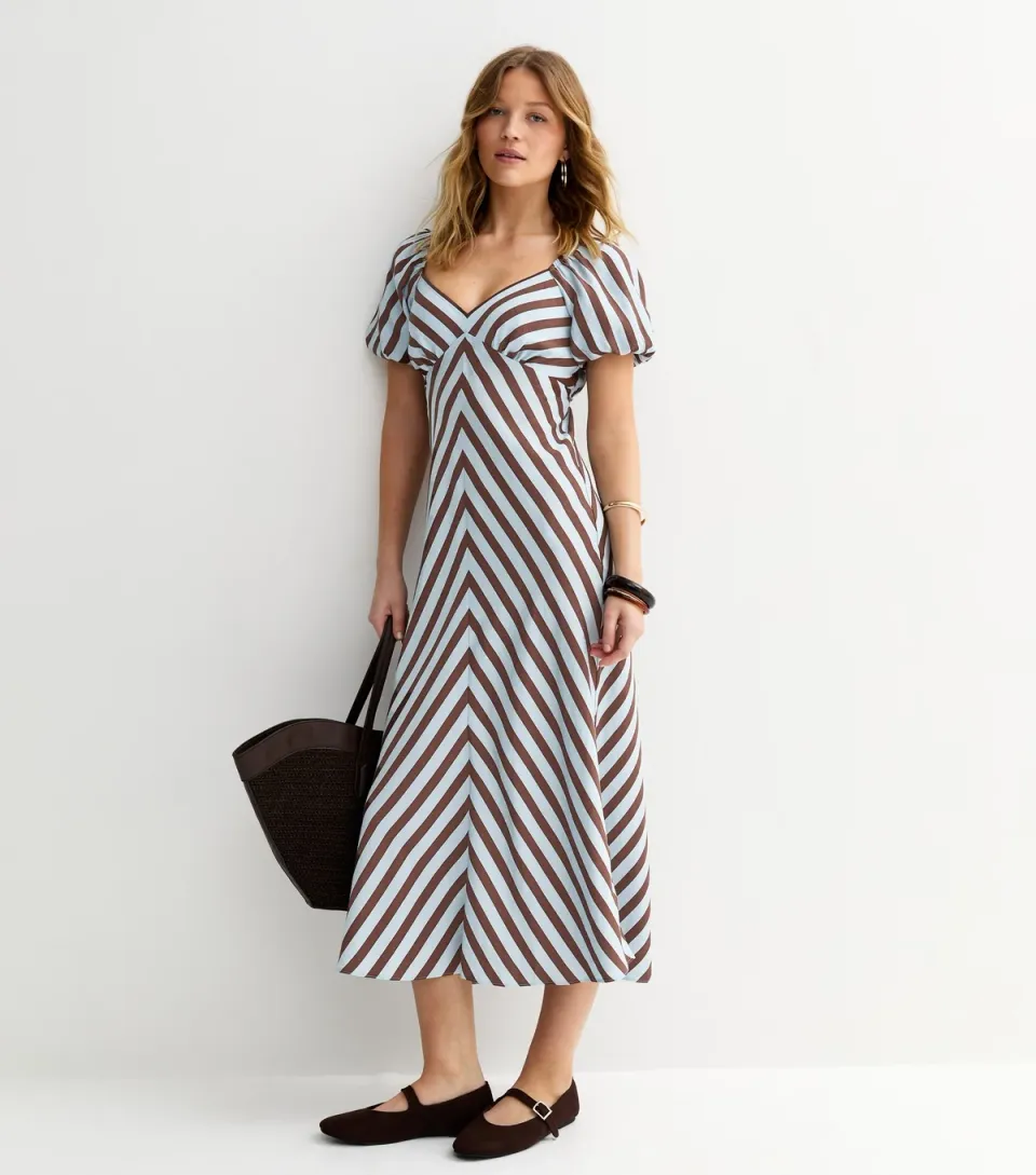 Women's Blue Contrast Stripe Puff Sleeve Midi Dress