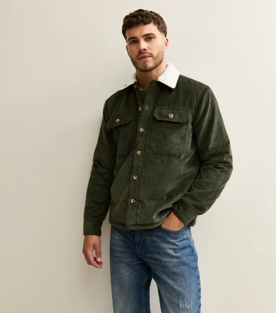 Men's Khaki Relaxed Corduroy Contrast Borg Collar Jacket