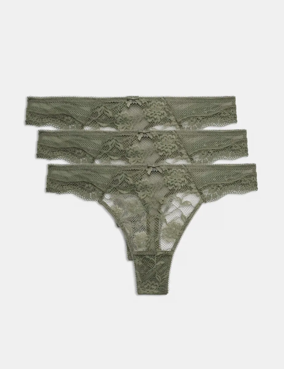 3pk Jasmine Lace Thongs Khaki