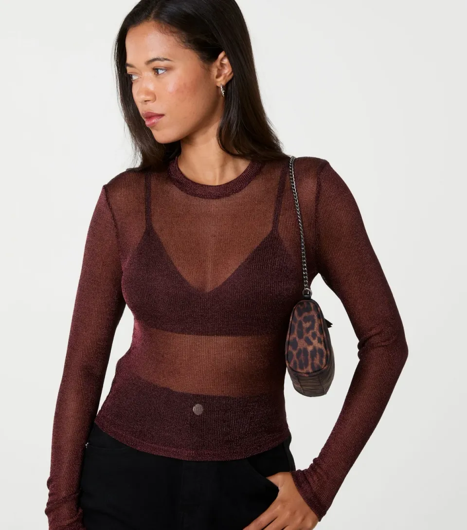 Women's Dark Brown Fine Knit Sparkle Top