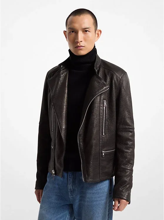 Crocodile Embossed Leather Biker Jacket
