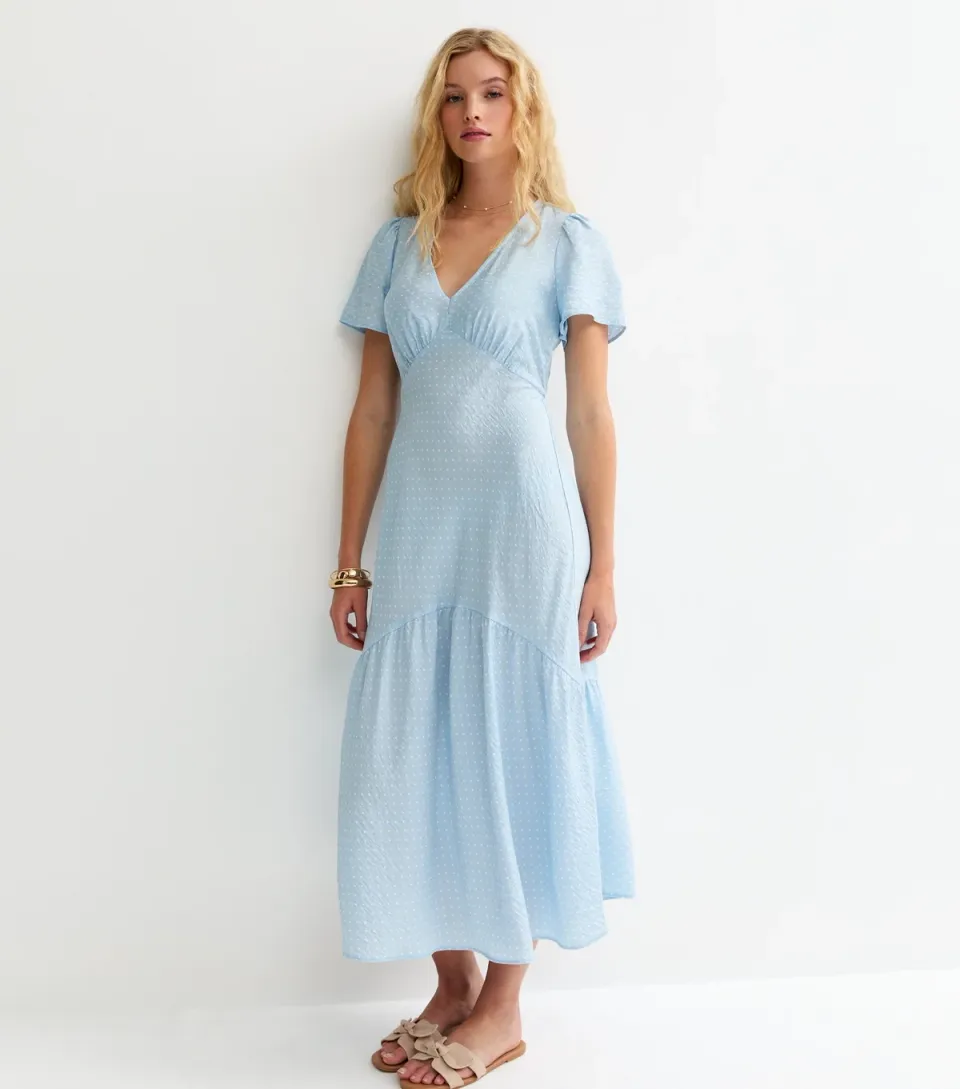 Women's Blue Polka Dot Tiered Midi Tea Dress