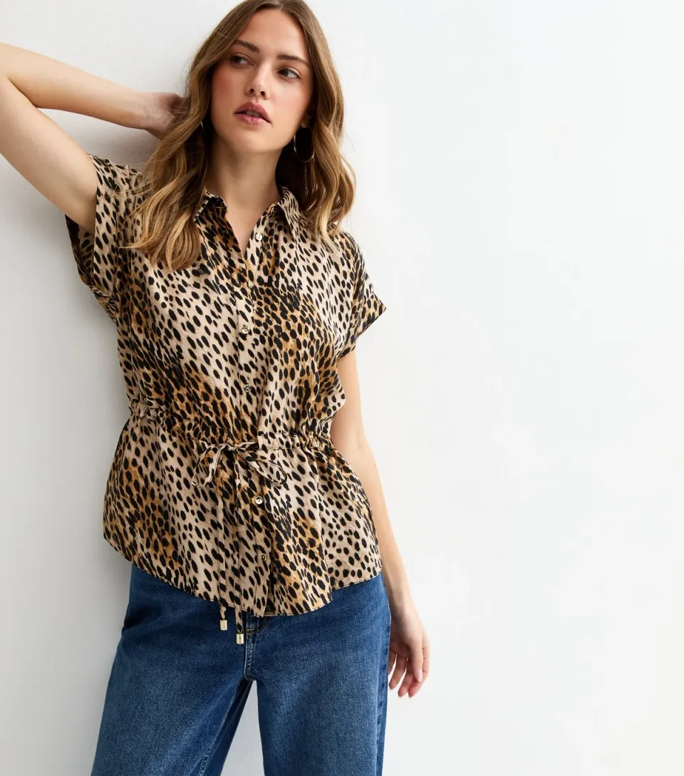 Women's Brown Animal Print Drawstring Shirt