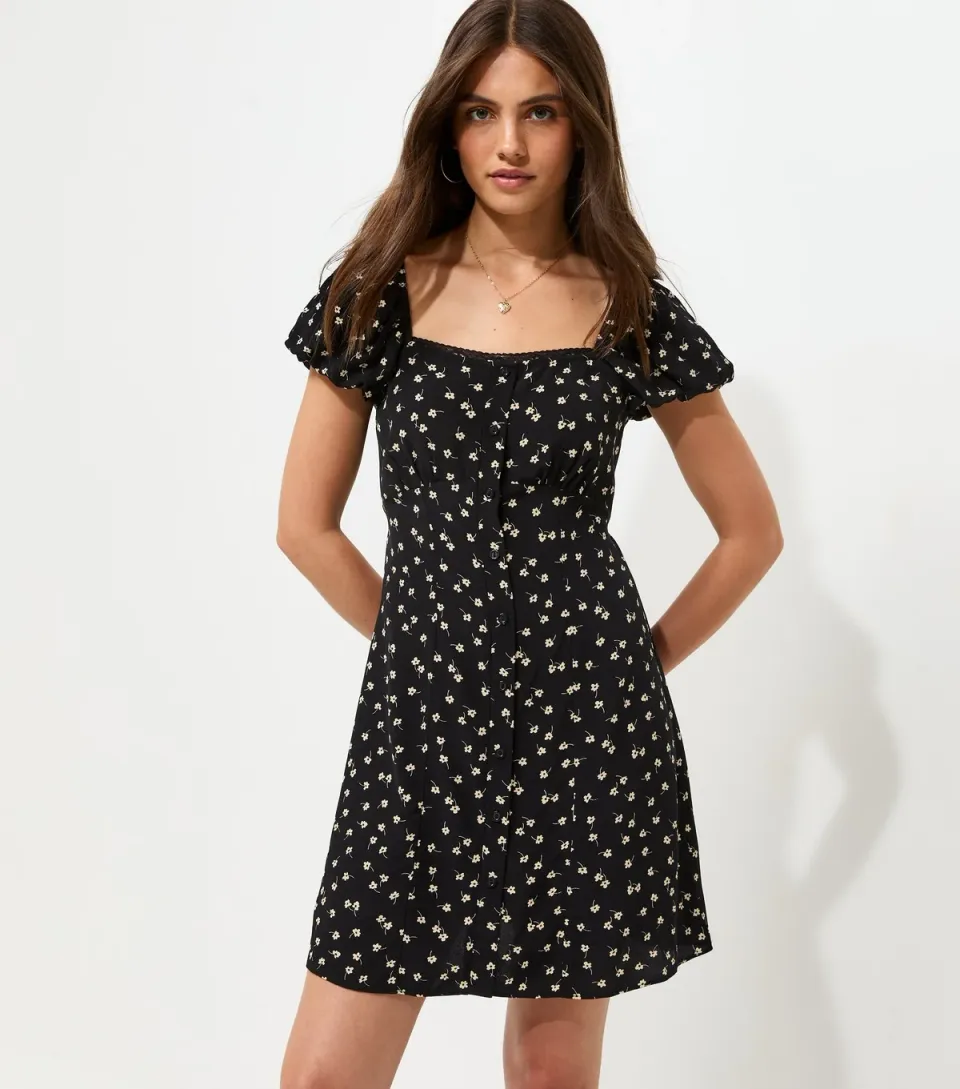 Women's Black Floral Print Button Front Ditsy Print Mini Dress