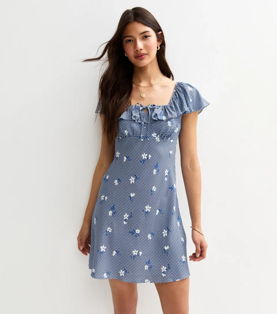 Women's Blue Gingham Floral Print Mini Ruffle Dress