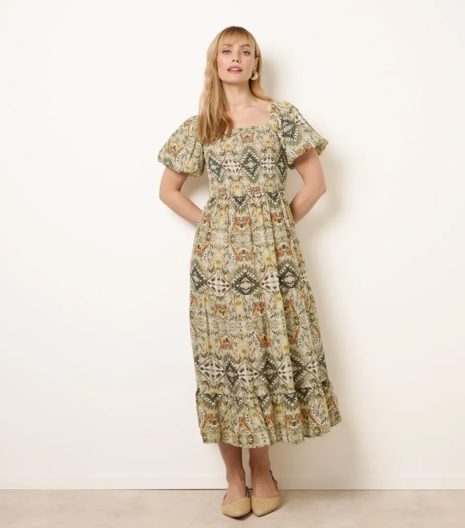 Women's Green Abstract Print Puff Sleeve Midi Dress