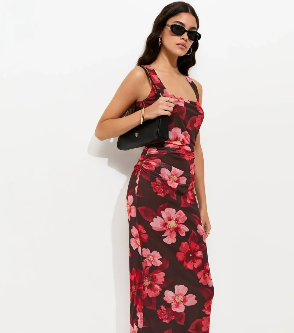 Women's Brown Floral Mesh Square Neck Midi Dress