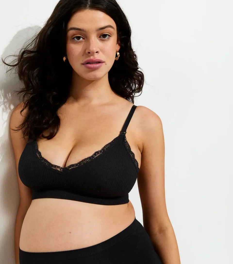 Women's Maternity Black Lace Trim Ribbed Seamless Nursing Bra
