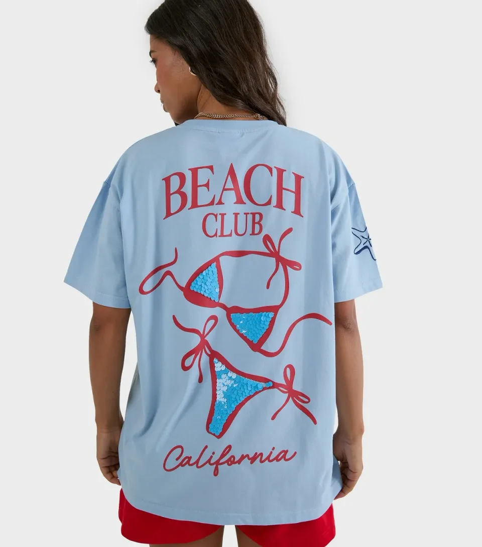 Women's Light Blue Cotton Beach Club Oversized T-Shirt
