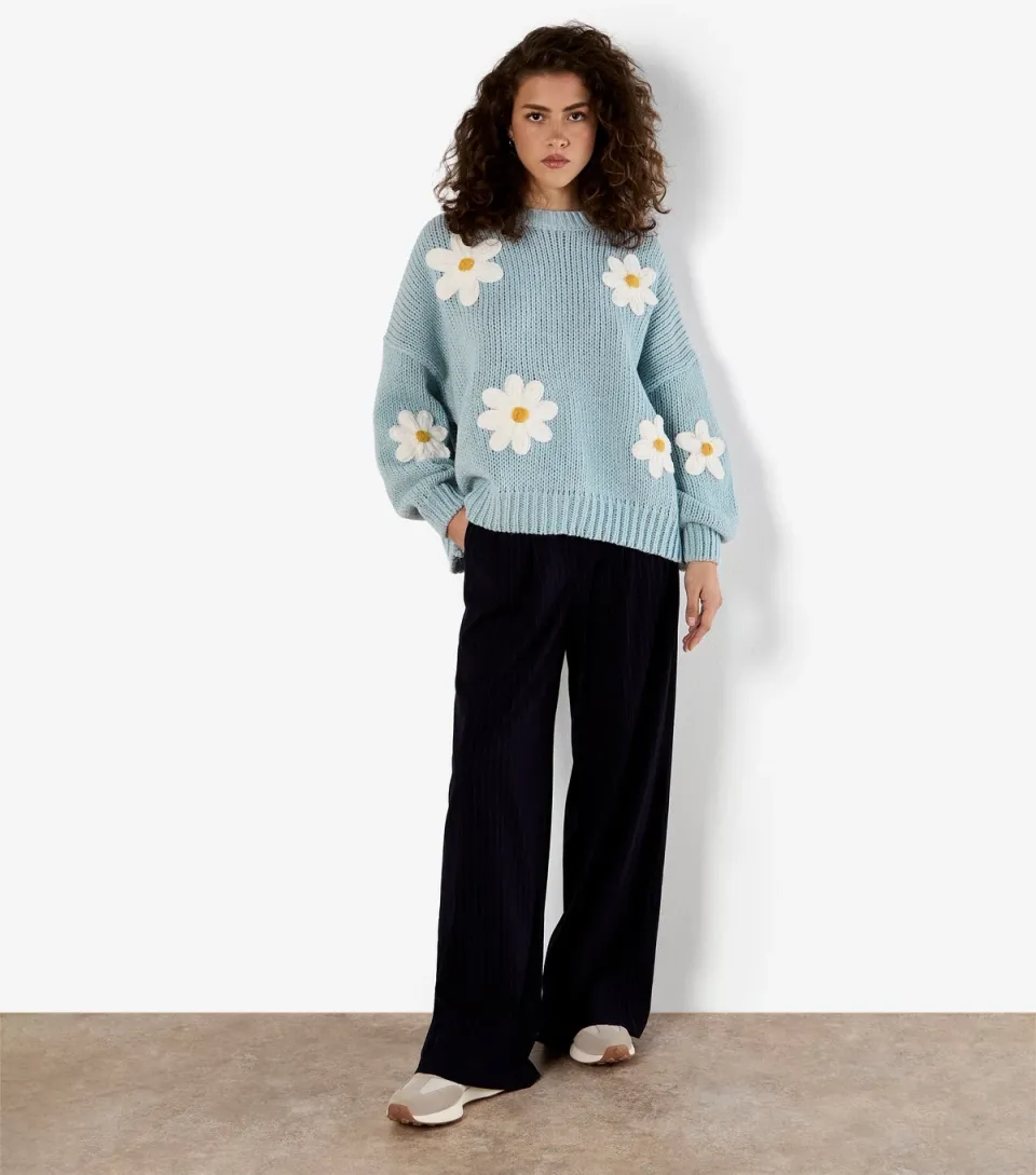 Women's Blue Daisy Embroidered Jumper