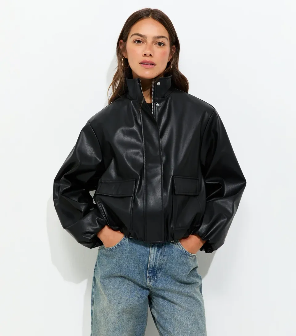 Women's Petite Black Faux Leather Funnel Neck Flap Pocket Jacket