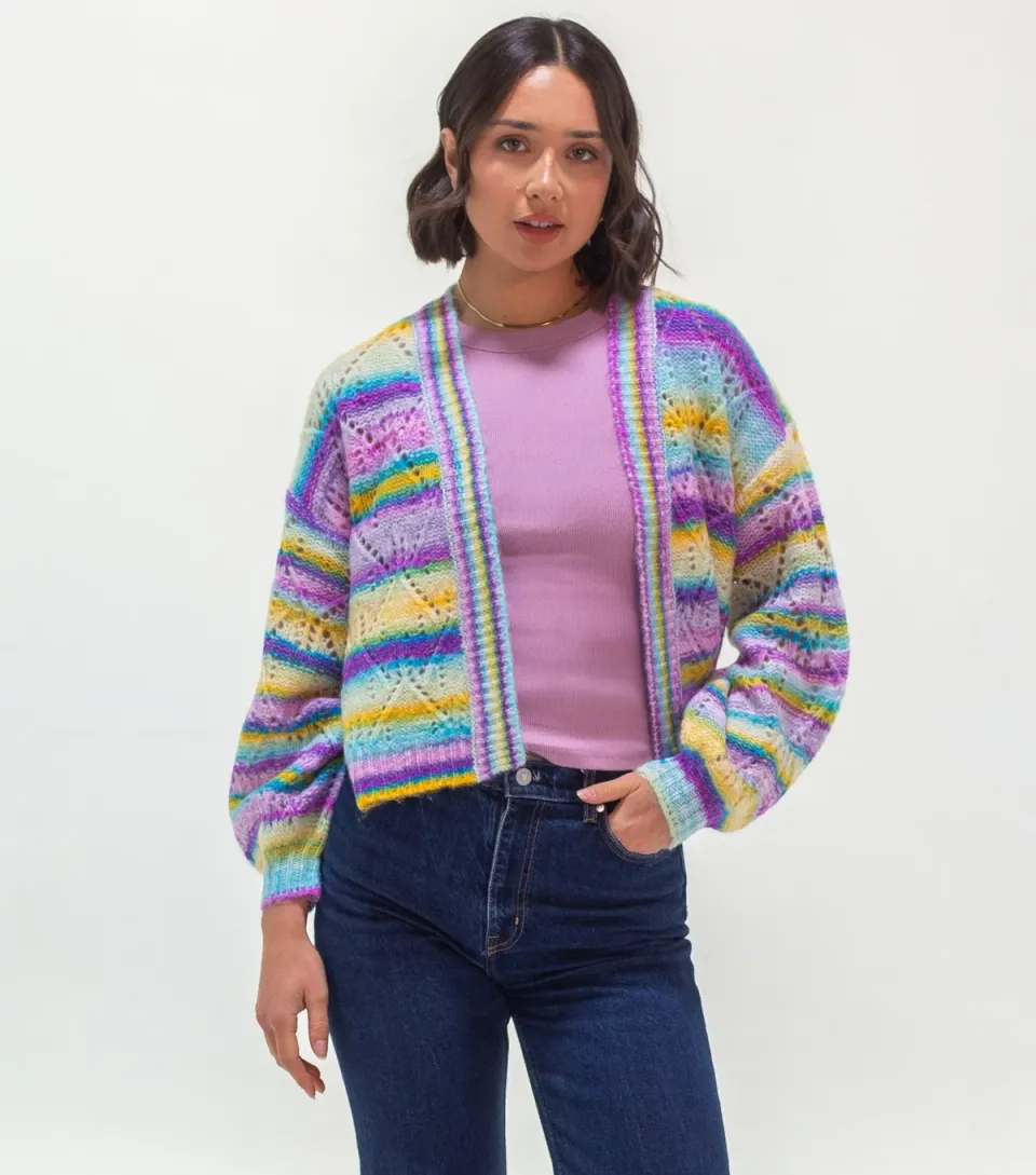 Women's Bright Purple Striped Pointelle Knit Open Cardigan