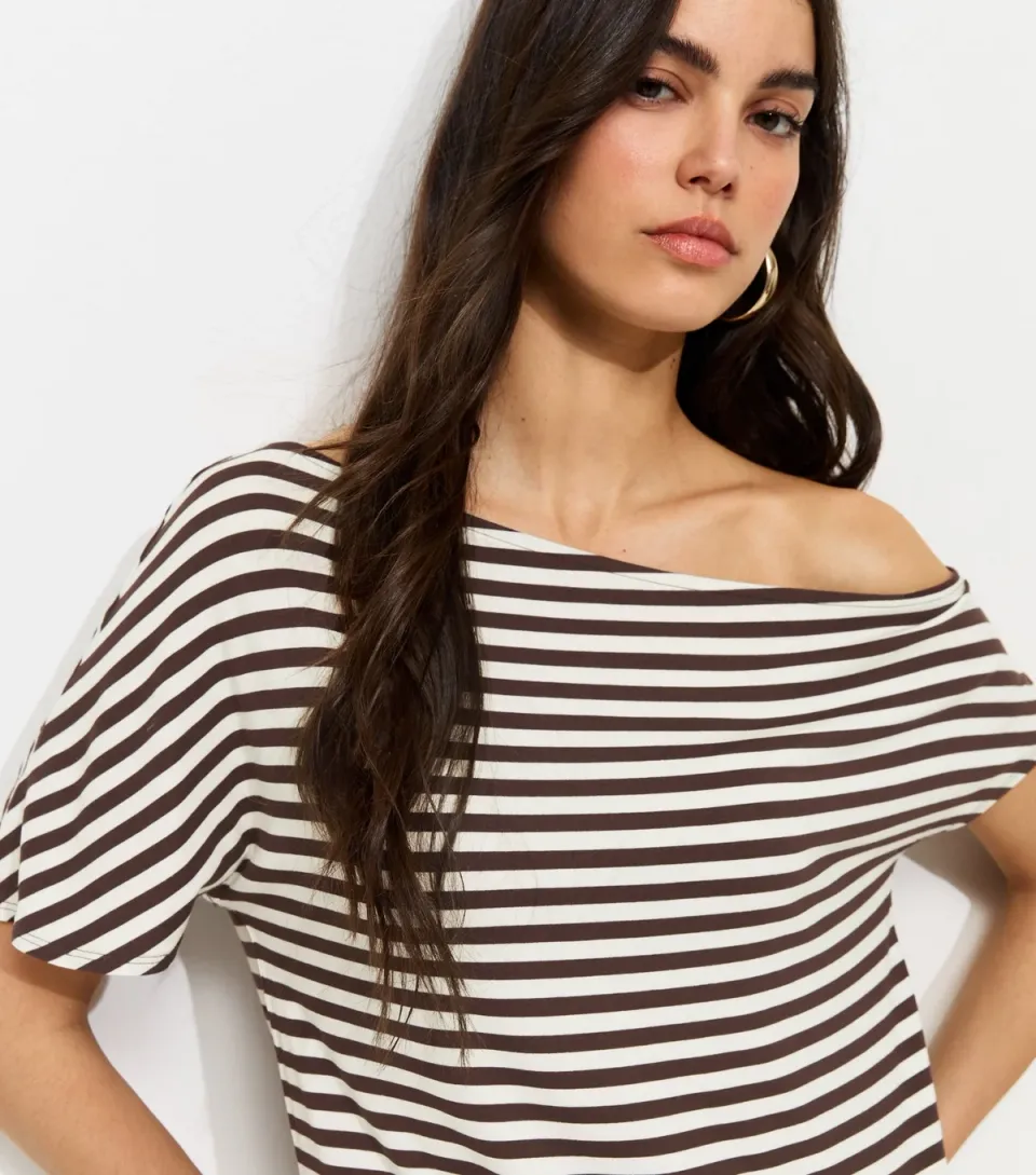 Women's Brown Jersey Short Sleeve Stripe Off The Shoulder Top
