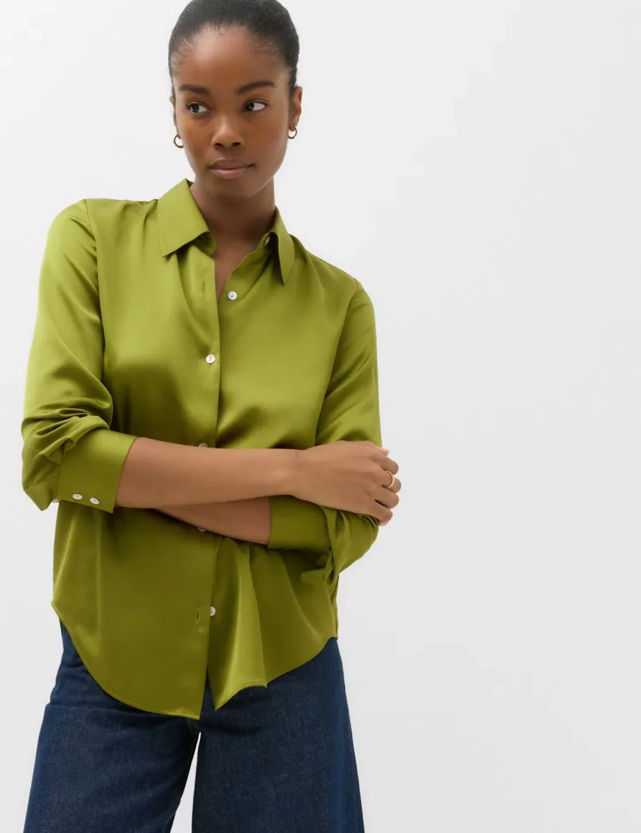 Satin Collared Button Through Shirt Green