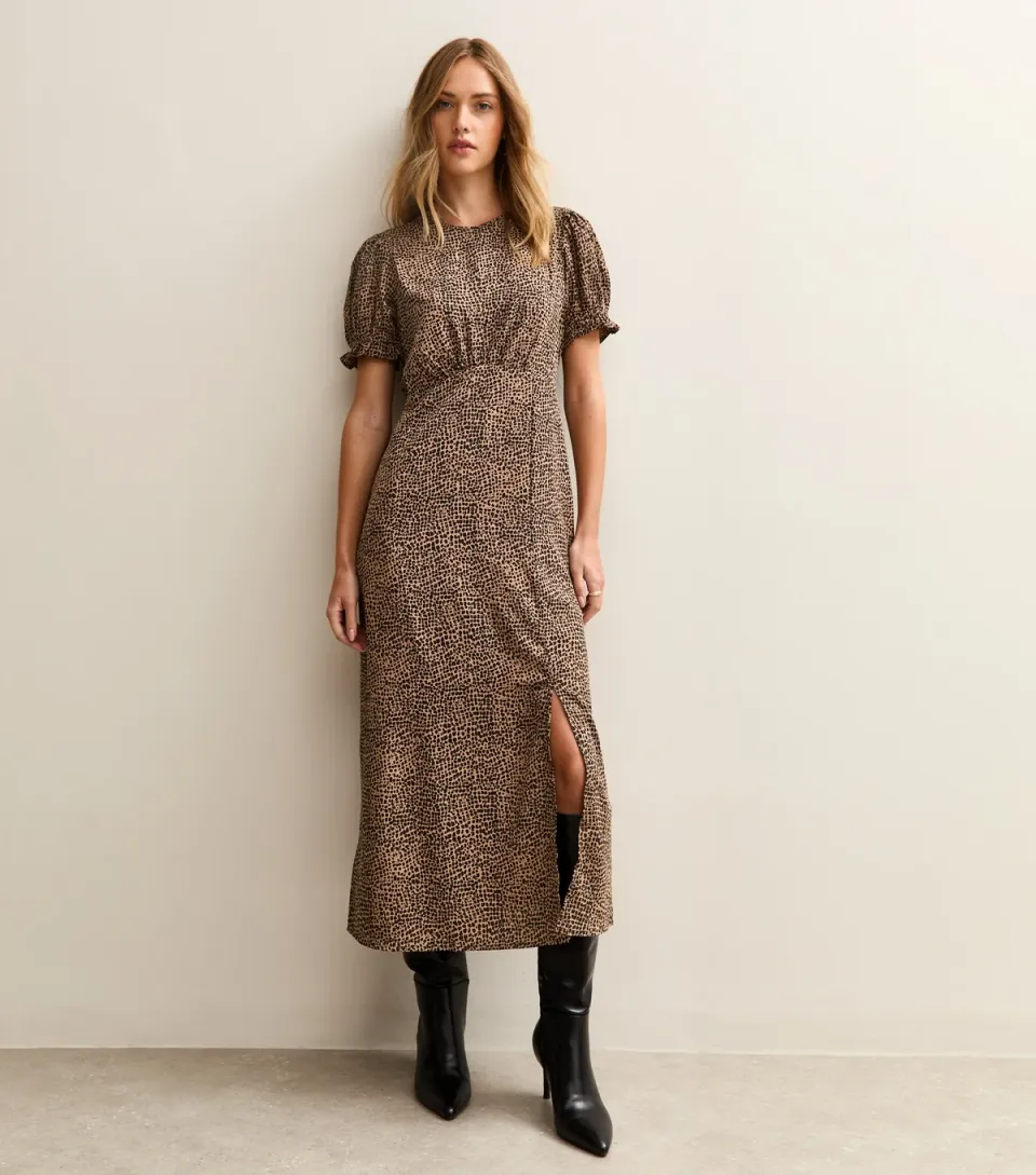 Women's Brown Animal Print Puff Sleeve Midi Dress