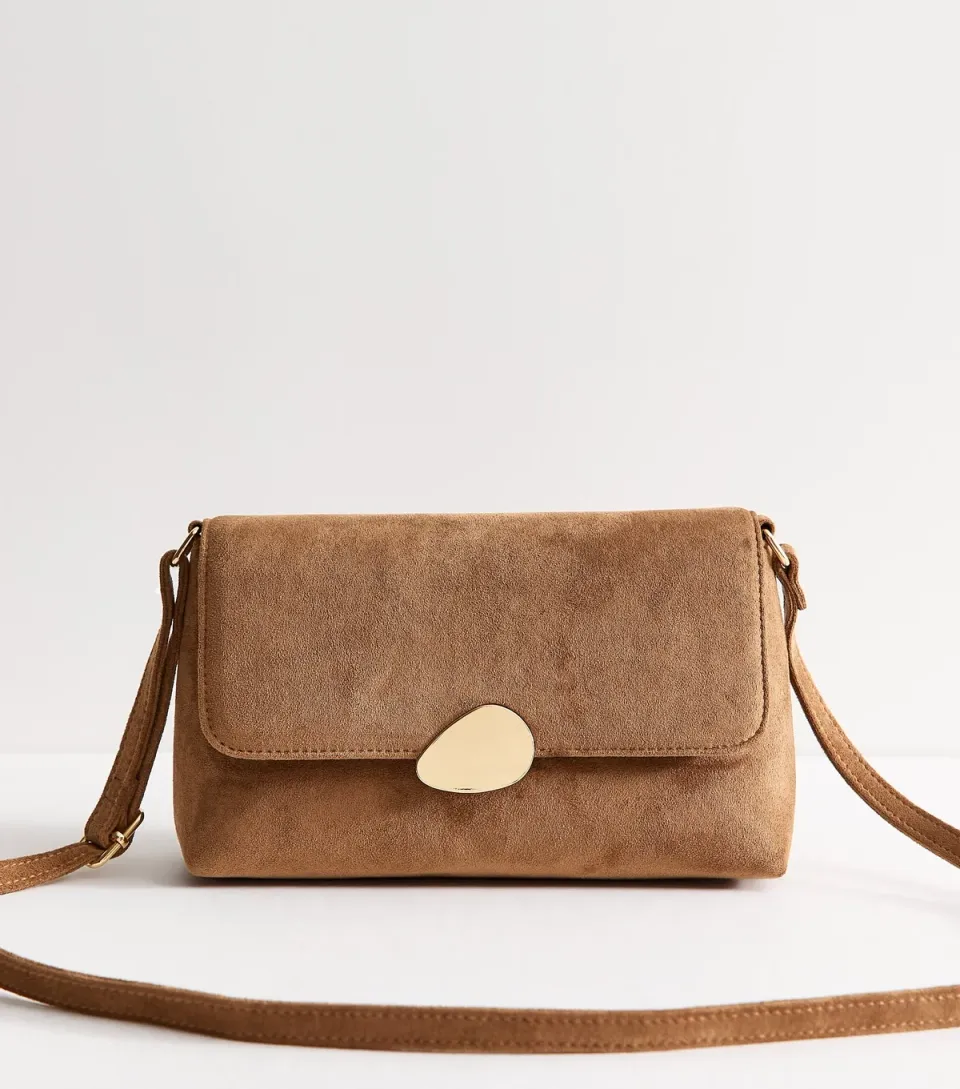 Tan Faux Suede Pebble Clasp Crossbody Bag