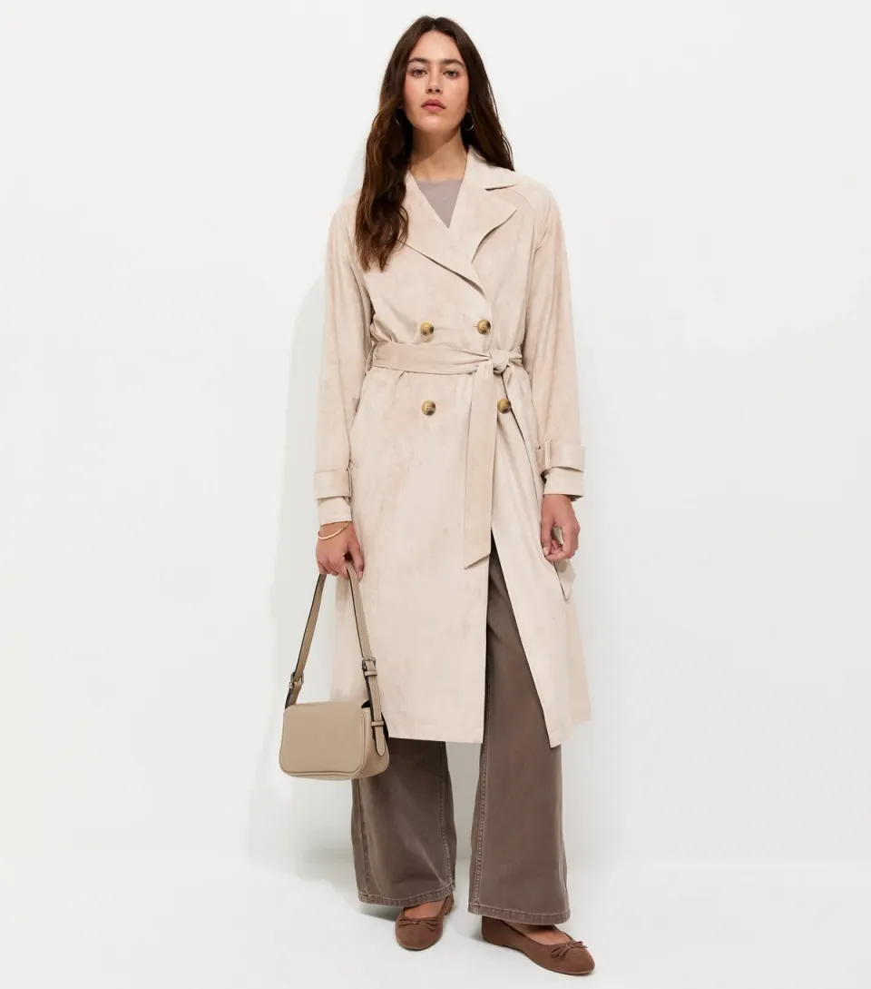 Women's Stone Faux Suede Double Breasted Trench Coat