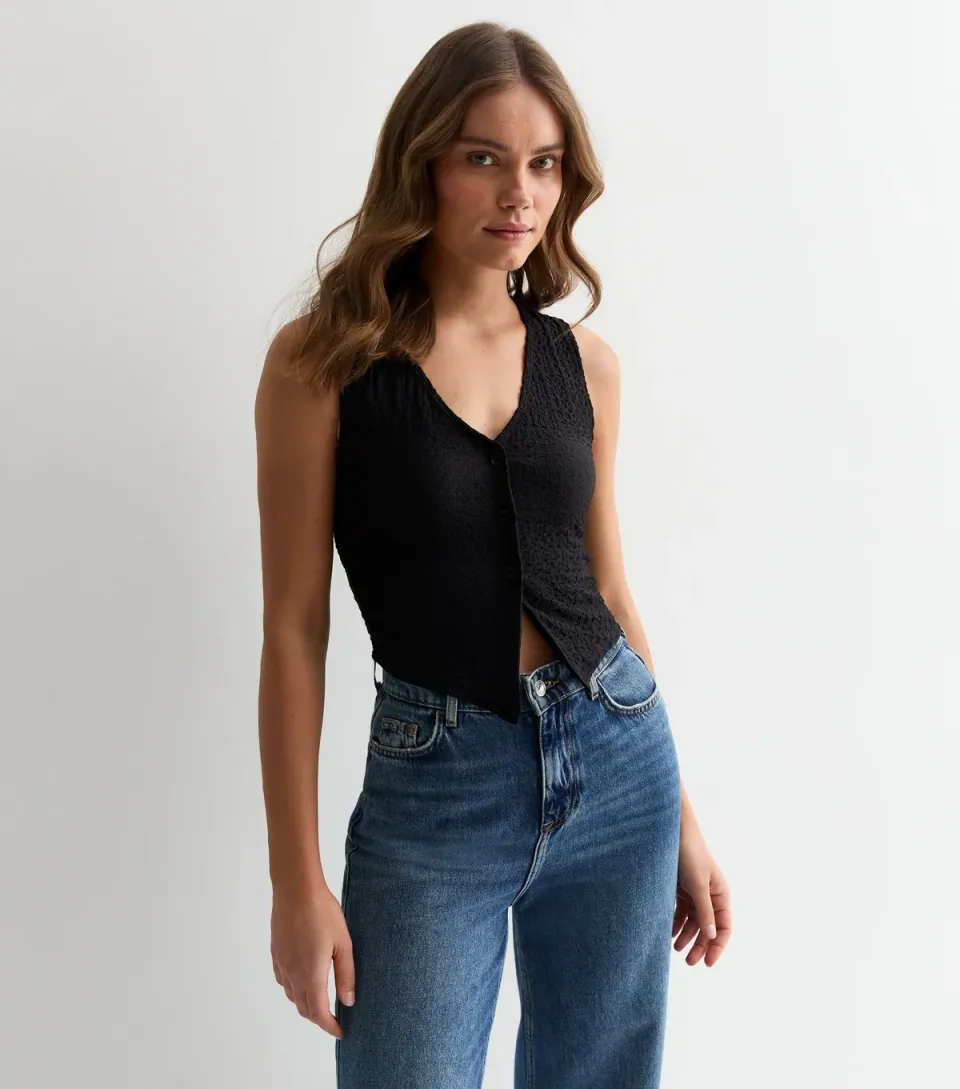 Women's Black Jersey Button Down Vest