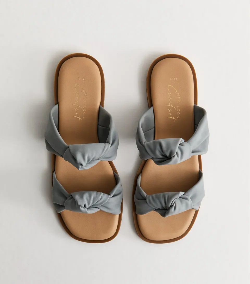 Women's Blue Knotted Double Strap Flat Mules Vegan