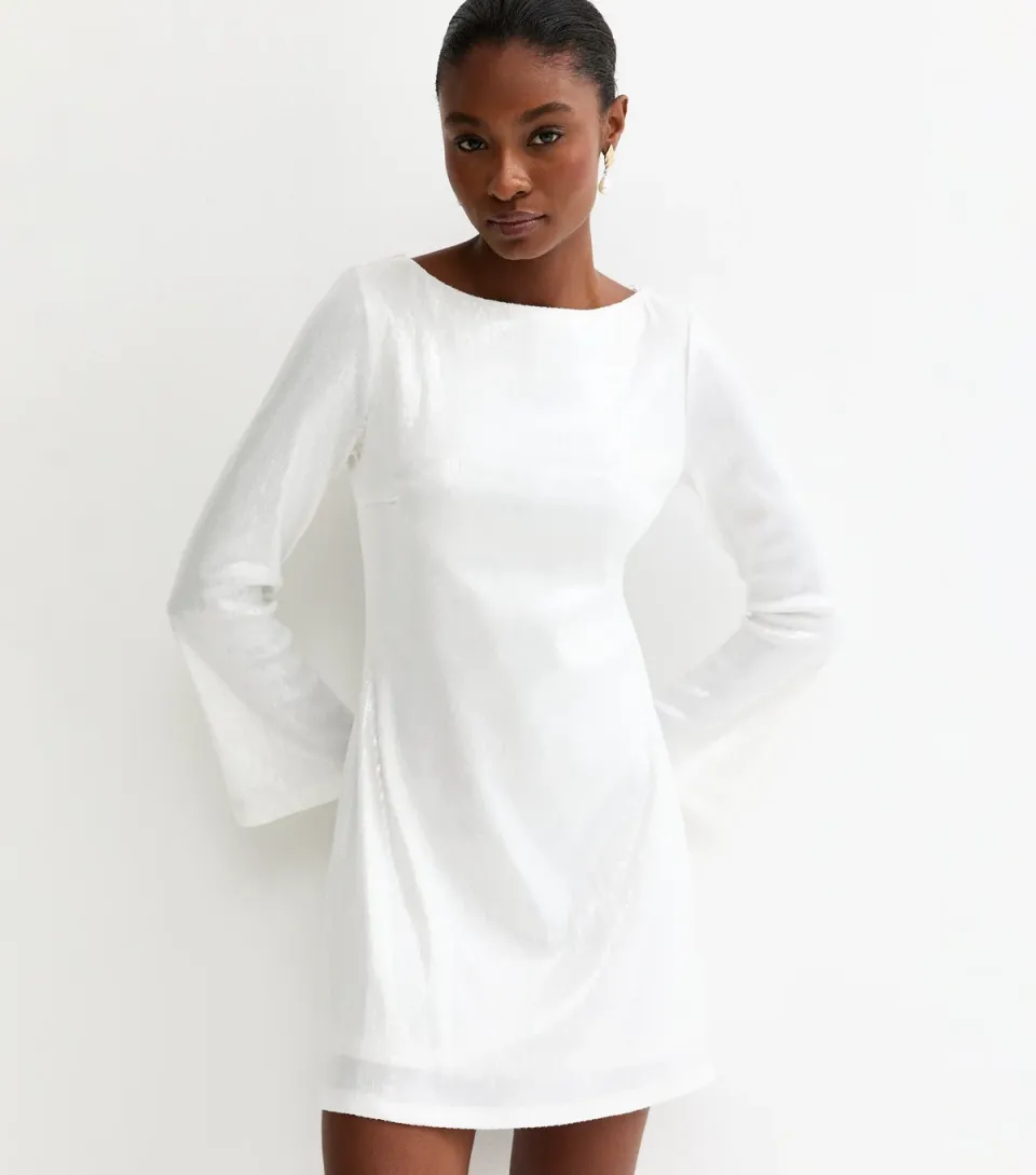 Women's White Sequinned Long Sleeve Mini Dress